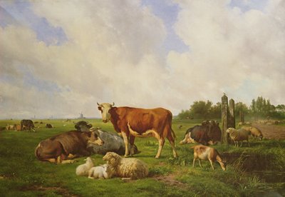 Schafe und Rinder auf einem Feld von Hendrick van de Sande Bakhuyzen